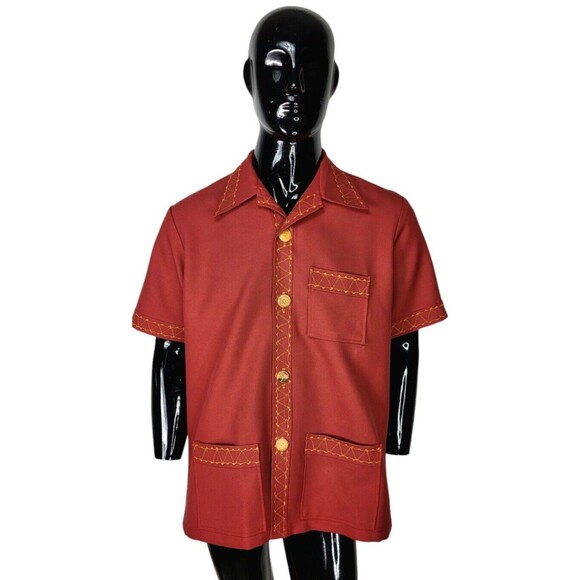 Vintage MCM Wood Buttons Radio Wave Stitch Men's Tiki Rockabilly Camp Shirt L/XL - Picture 6 of 9